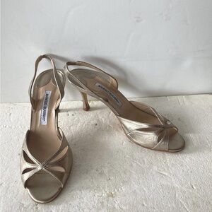 Manolo Blahnik Metallic Gold Slingback Peep-Toe Heels
